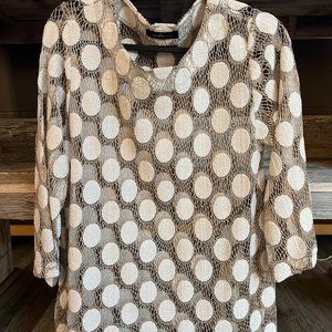 Open-work top, tan with white polka dots, tunic length